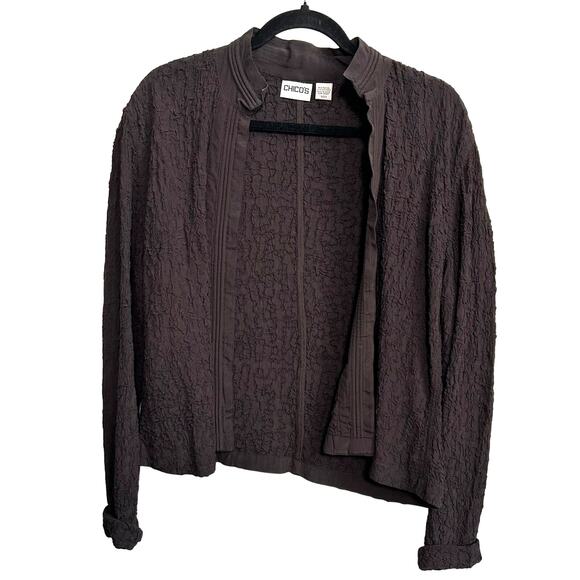 Vintage Chicos Crinkle Mandarin Collar Jacket S Brown Open Front Y2K Textured - Picture 2 of 9